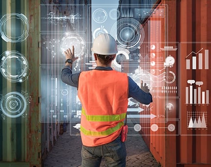 Shipyard worker with digital stats